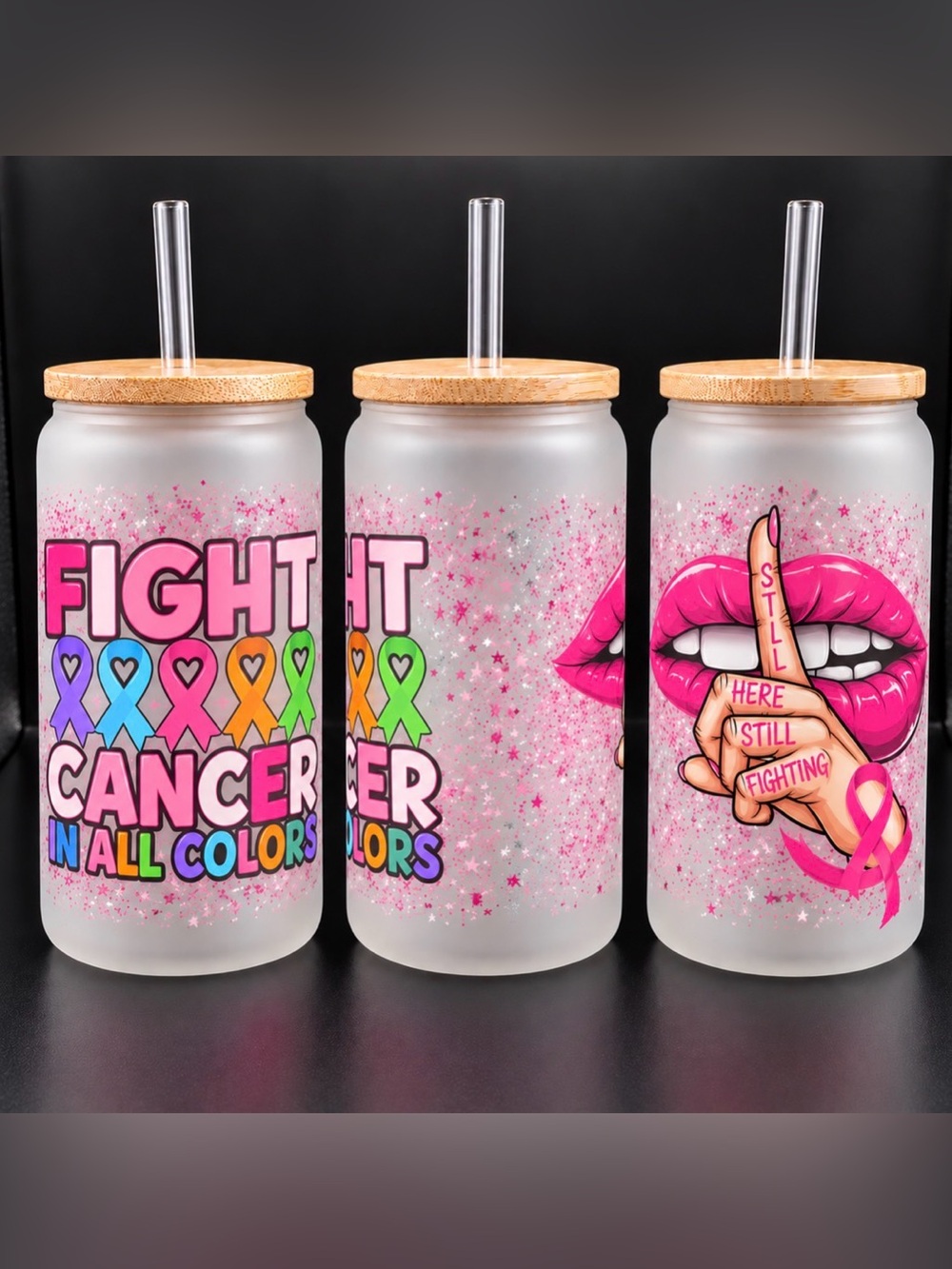Fight Cancer in All Colors 20oz Frosted Cup w/ Lid & Straw
